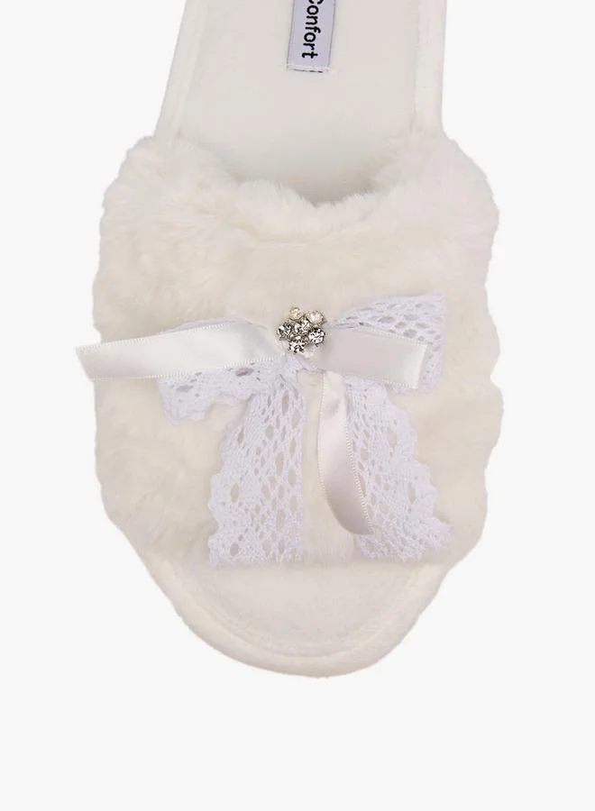 Le Confort BEIGE Faux Fur Textured Bedroom Slippers with Bow Accent for Women | Best Price UAE